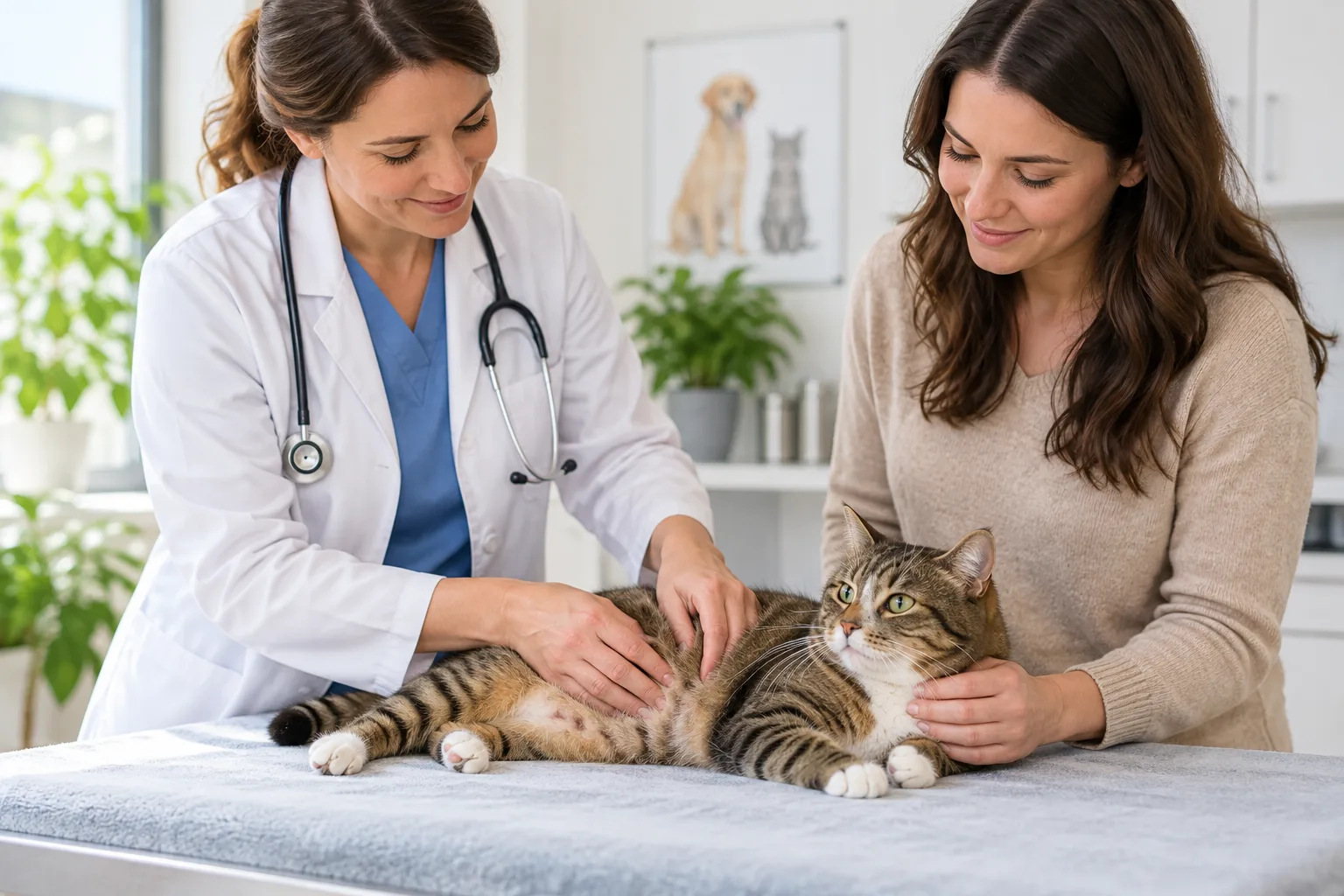 Veterinarian examining a tabby cat with its owner beside the table